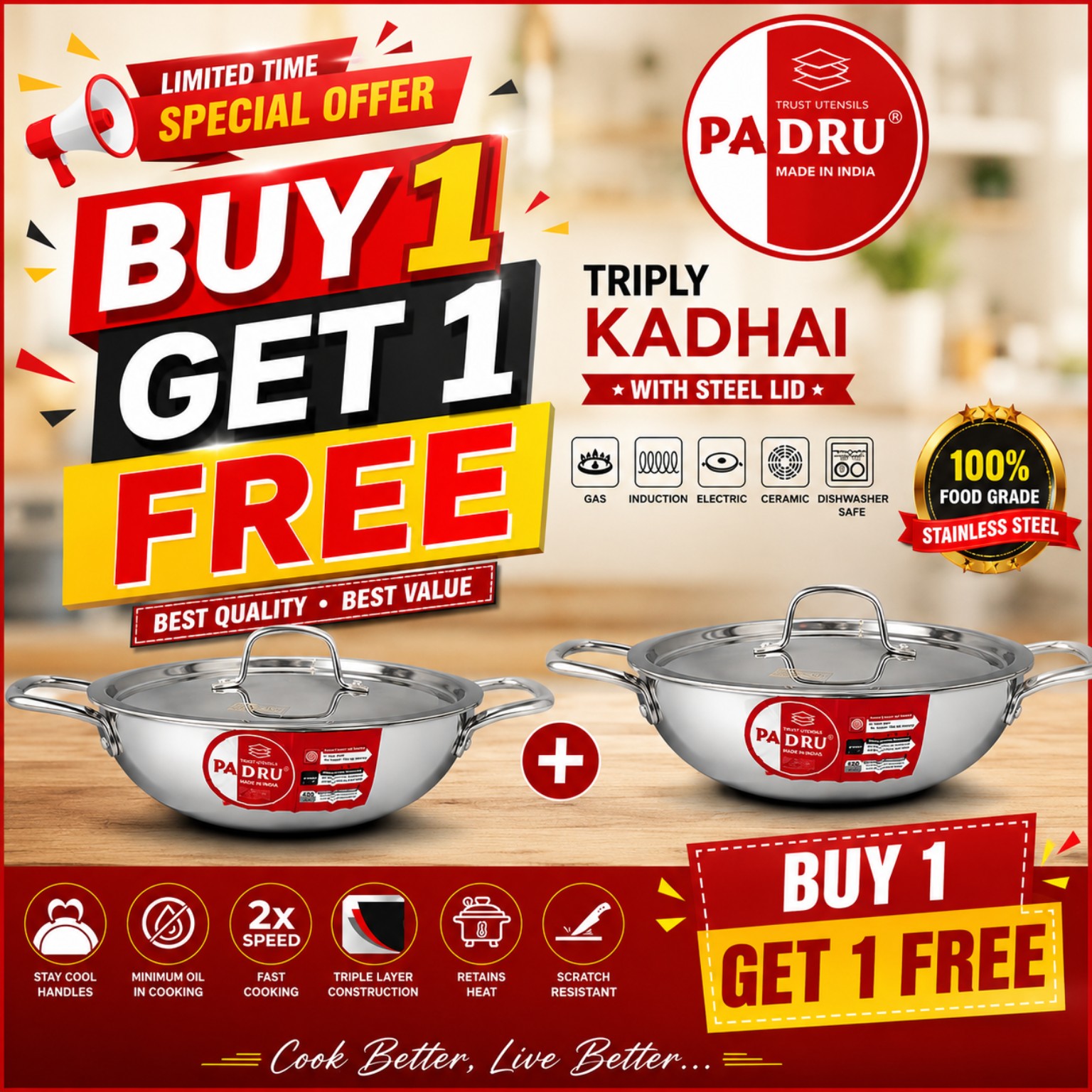 Padru Triply Kadai 24 cm Buy One Get One Free Offer